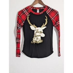 Junior Women's Red Black Tis The Season Deer Glitter Holiday Christmas Shirt 3-5